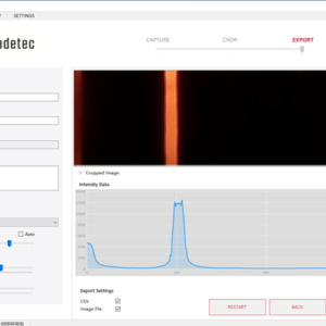 Screenshot of the Flare software. Magnified image and line scan from the selected Region Of Interest. The fluorescent test line is clearly visible.