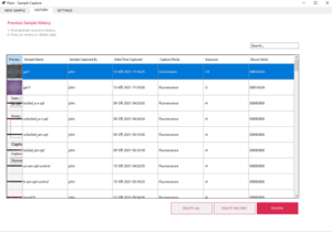 Screenshot of the Flare software. Database of the collected images.