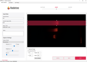 Screenshot of the Flare software. A Region Of Interest is selected on an agarose gel loaded with QDs, after electrophoresis.