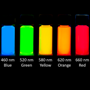 Fluorescent quantum dots nanoparticles of various emission wavelengths, soluble in organic solvents or water.